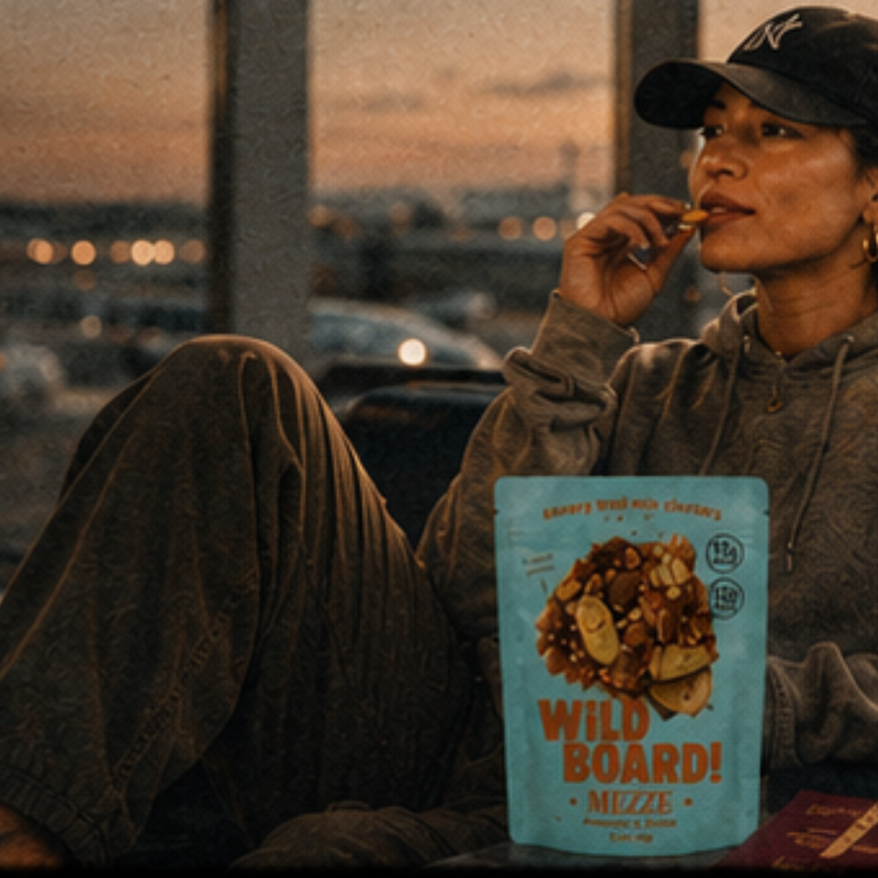 A traveler snacking on WildBoard Mezze savory trail mix clusters by a terminal window at dusk