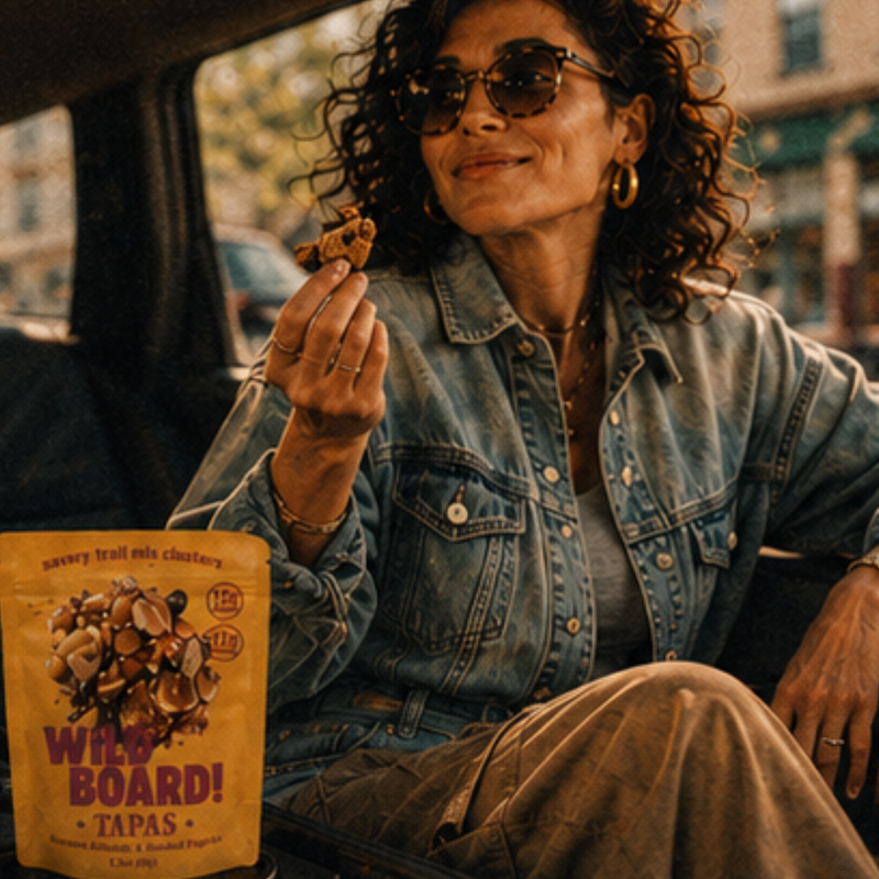 A woman eating a cluster in the passenger seat with a WildBoard Tapas pouch of savory trail mix clusters beside her