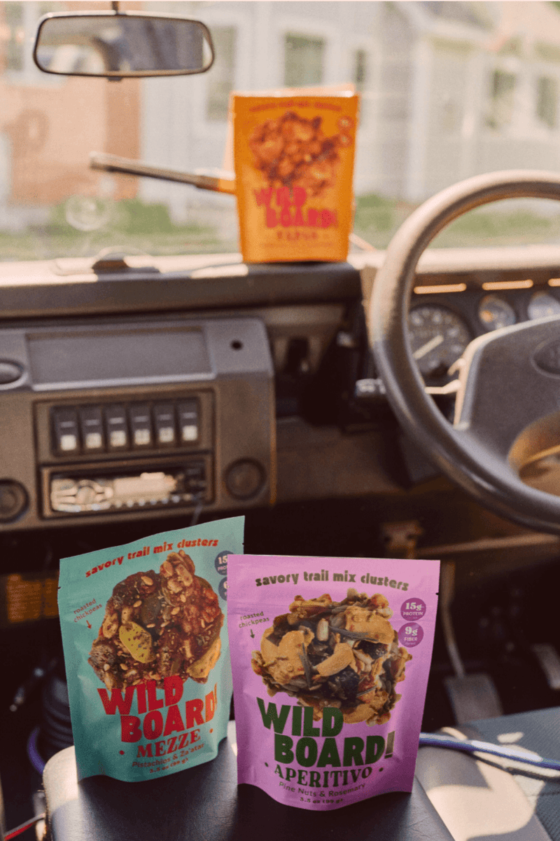 Savory trail mix clusters in a car console on a long drive, shelf stable and heat proof