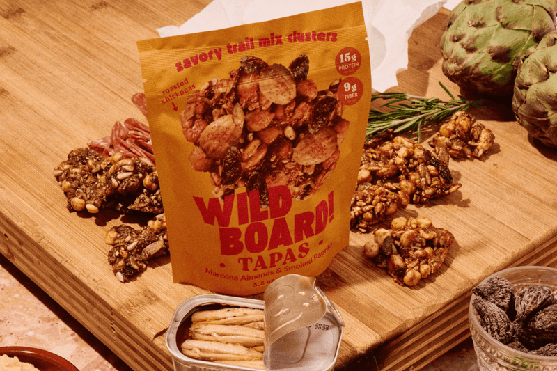 WildBoard Tapas savory trail mix clusters on a board, no candy and no added sugar in the mix