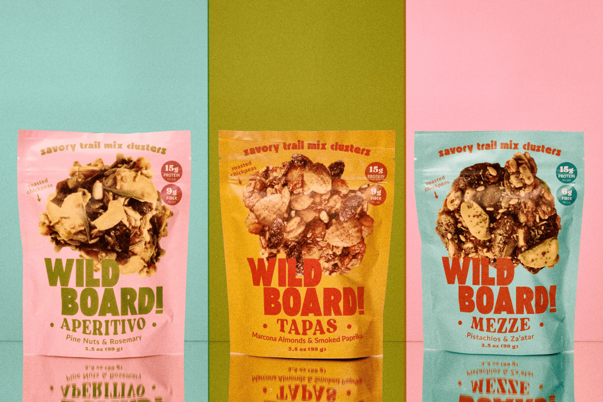 All three WildBoard savory trail mix clusters, Tapas, Mezze and Aperitivo, every one vegan and gluten free by default