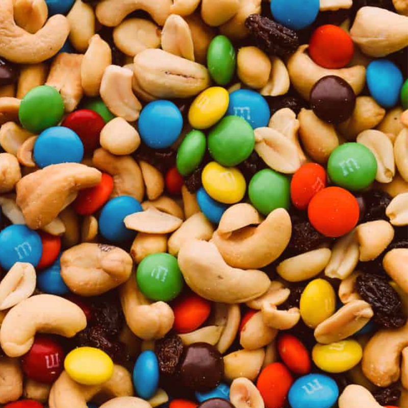 Ordinary trail mix full of candy pieces and raisins, the part most people pick out and leave behind