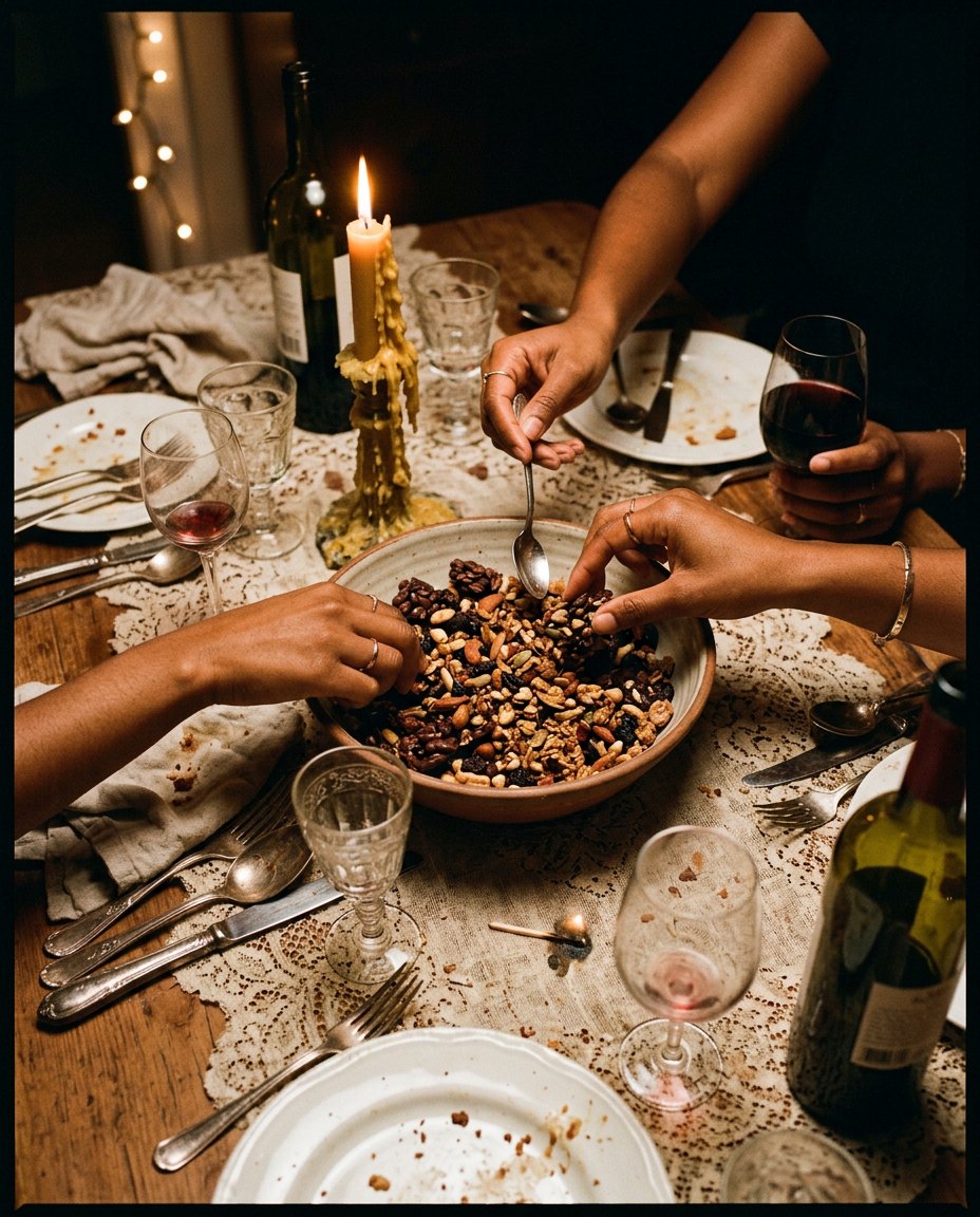 Friends reaching into a shared bowl of savory trail mix clusters at a candlelit dinner table with glasses of red wine