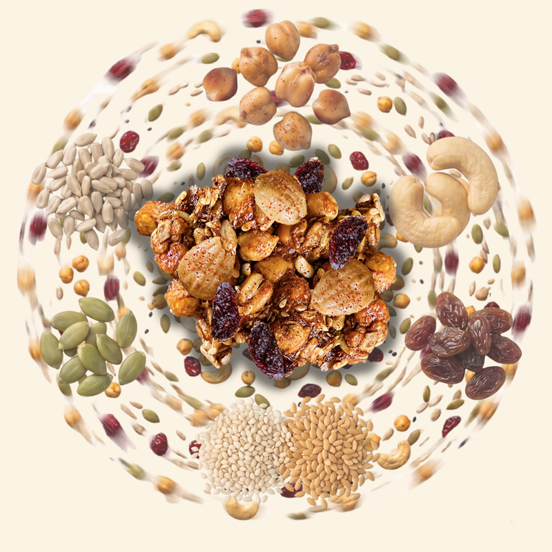 WildBoard Tapas savory trail mix clusters ringed by roasted chickpeas, Marcona almonds, cashews, seeds and dried fruit