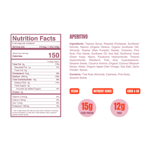 Nutrition Facts panel for WildBoard Aperitivo savory trail mix clusters, 15 grams protein and 12 grams fiber per 3.5 ounce bag