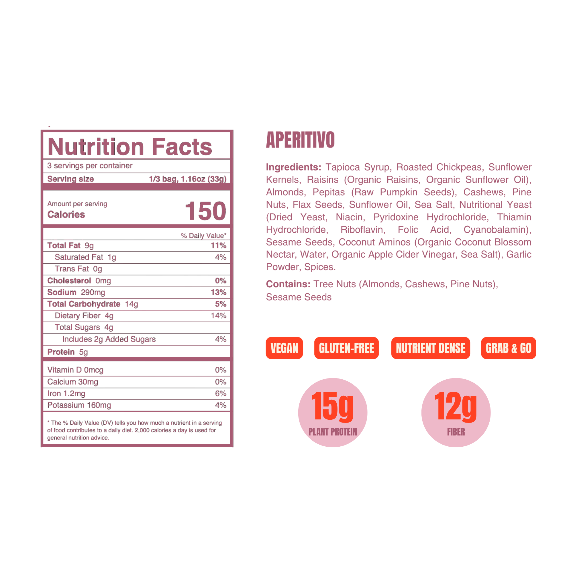 Nutrition Facts panel for WildBoard Aperitivo savory trail mix clusters, 15 grams protein and 12 grams fiber per 3.5 ounce bag