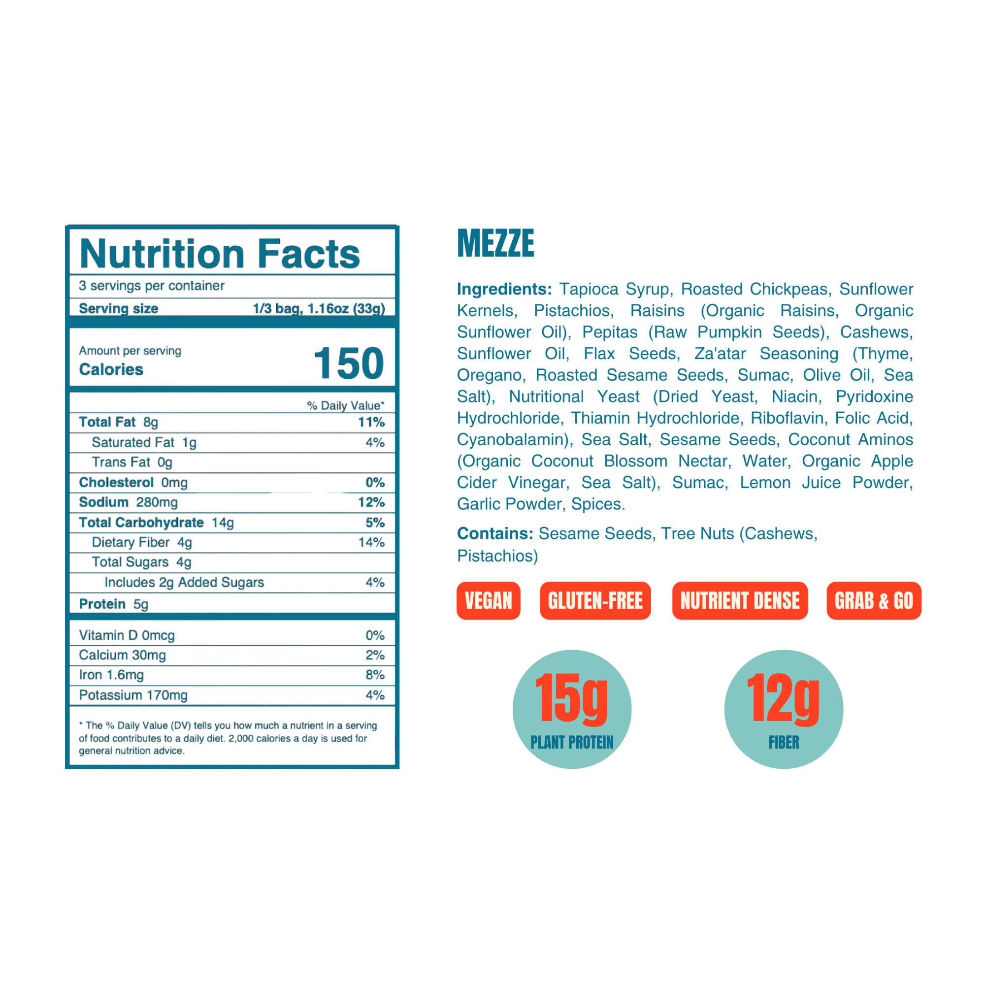 Nutrition Facts panel for WildBoard Mezze savory trail mix clusters, 15 grams protein and 12 grams fiber per 3.5 ounce bag