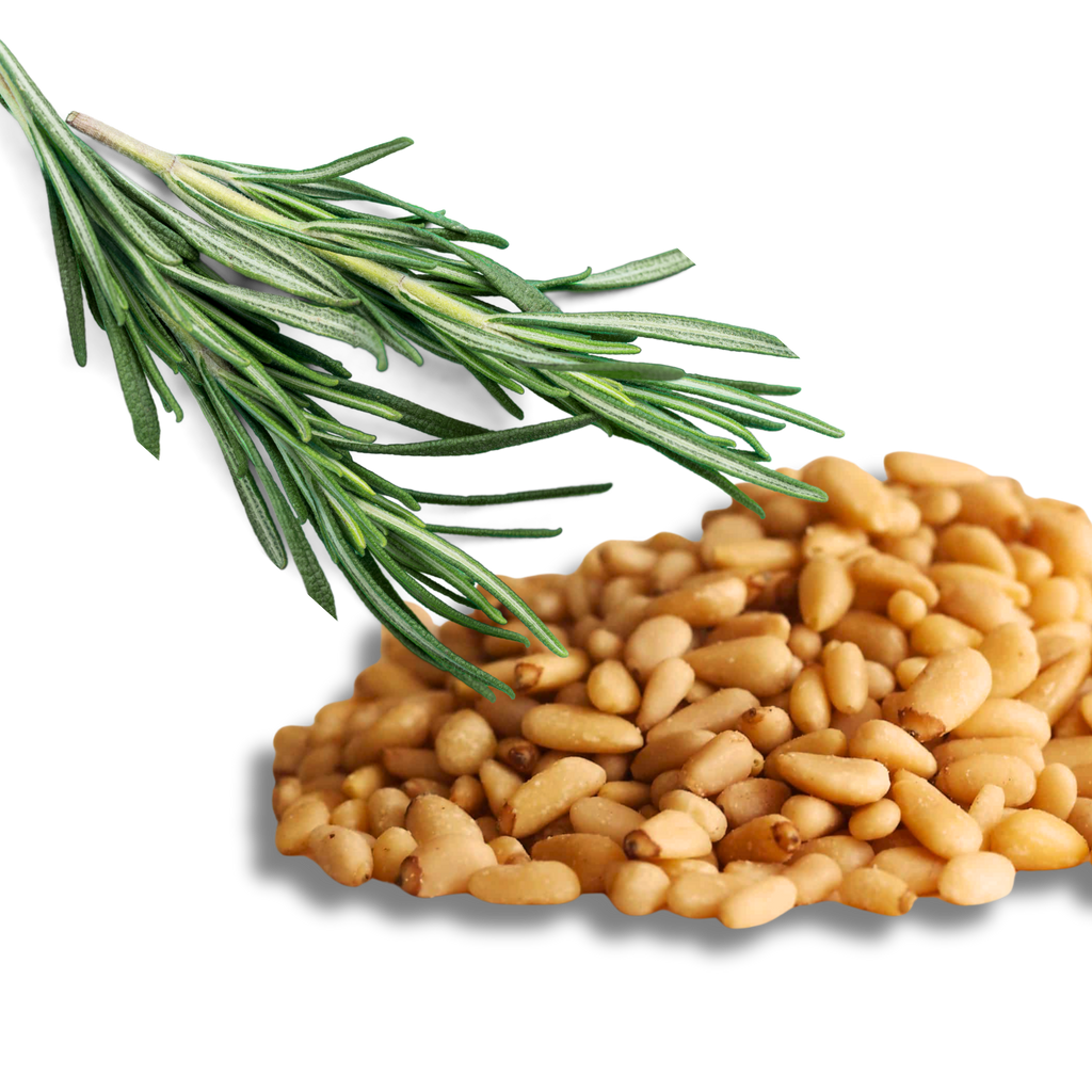 A serving of WildBoard Aperitivo savory trail mix clusters showing the pine nut and rosemary coated pieces