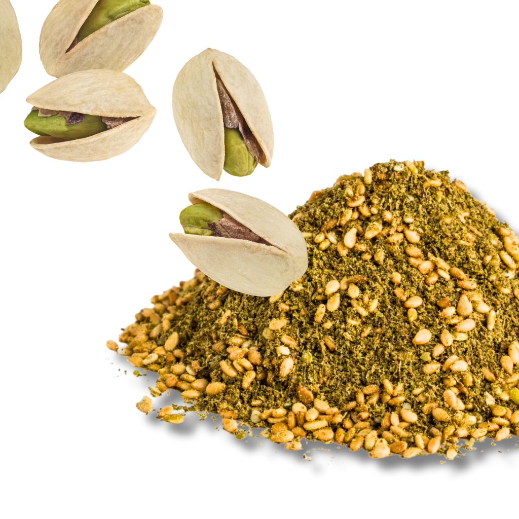 A serving of WildBoard Mezze savory trail mix clusters showing the pistachio and za'atar coated pieces