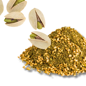 A serving of WildBoard Mezze savory trail mix clusters showing the pistachio and za'atar coated pieces