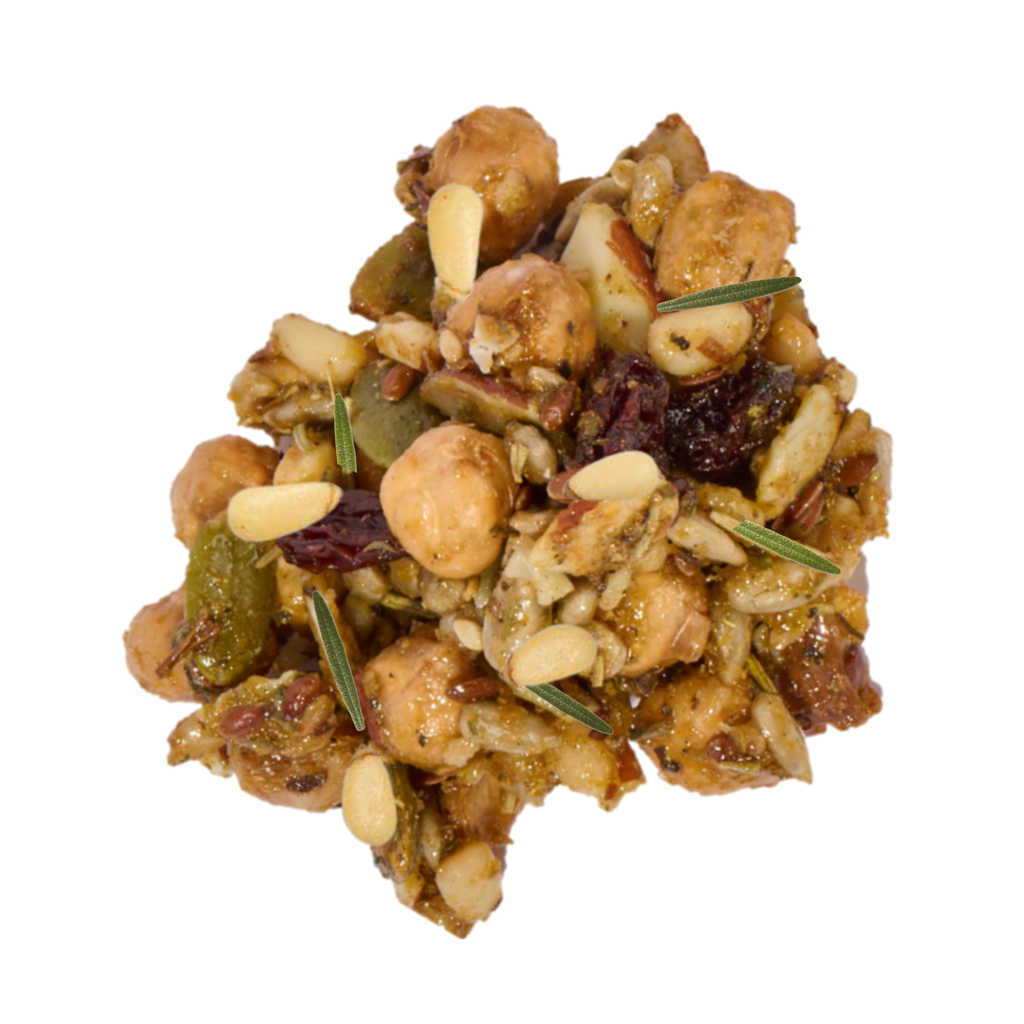 Close up of Aperitivo savory trail mix clusters made from roasted chickpeas, pine nuts, sliced almonds, and rosemary