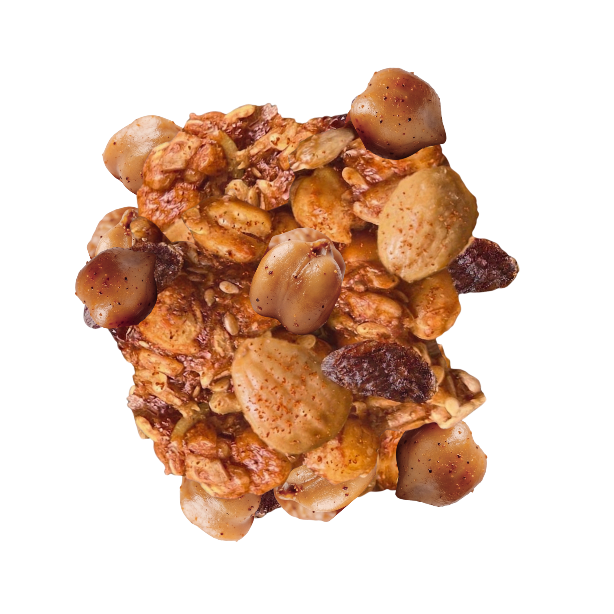 Close up of Tapas savory trail mix clusters made from roasted chickpeas, Marcona almonds, pepitas, and smoked paprika