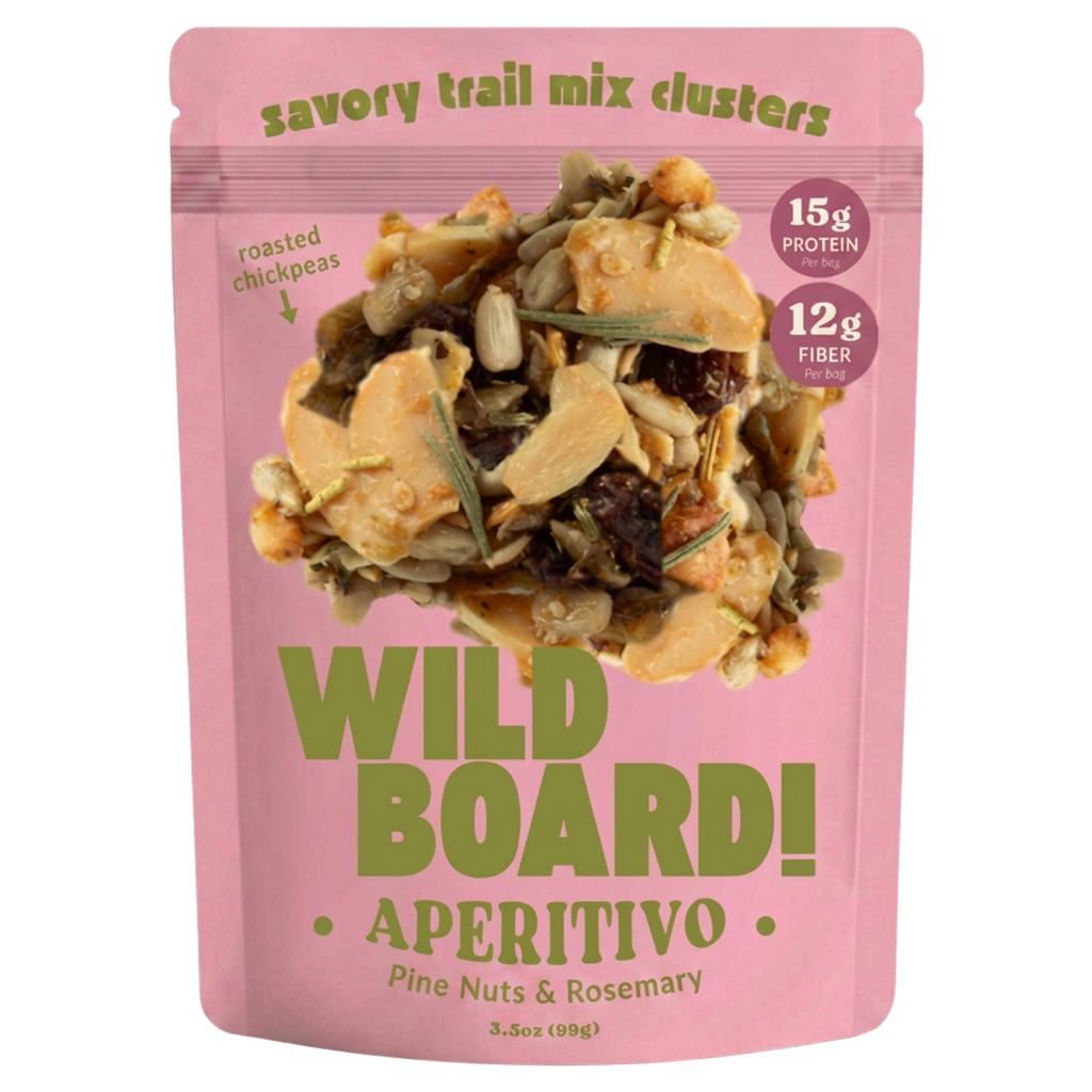 WildBoard Aperitivo savory trail mix clusters in a 3.5 ounce stand up pouch, made with pine nuts and rosemary, vegan and gluten free