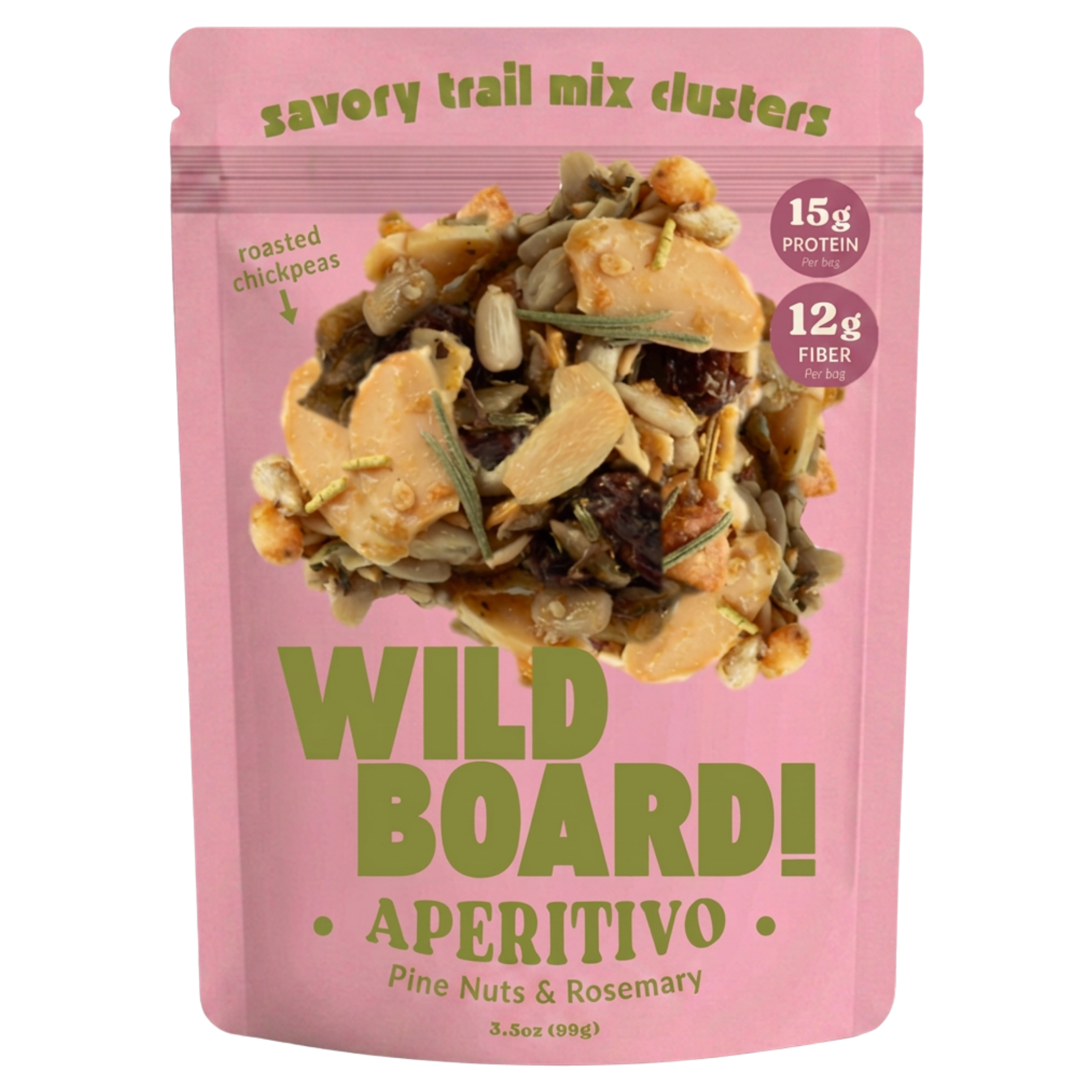 WildBoard Aperitivo savory trail mix clusters in a 3.5 ounce stand up pouch, made with pine nuts and rosemary, vegan and gluten free