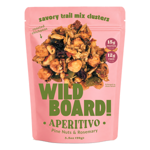 WildBoard Aperitivo savory trail mix clusters, three pack of 3.5 ounce stand up pouches, made with pine nuts and rosemary, vegan and made with gluten free ingredients