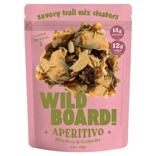 WildBoard Aperitivo savory trail mix clusters in a 3.5 ounce stand up pouch, made with pine nuts and rosemary, vegan and gluten free