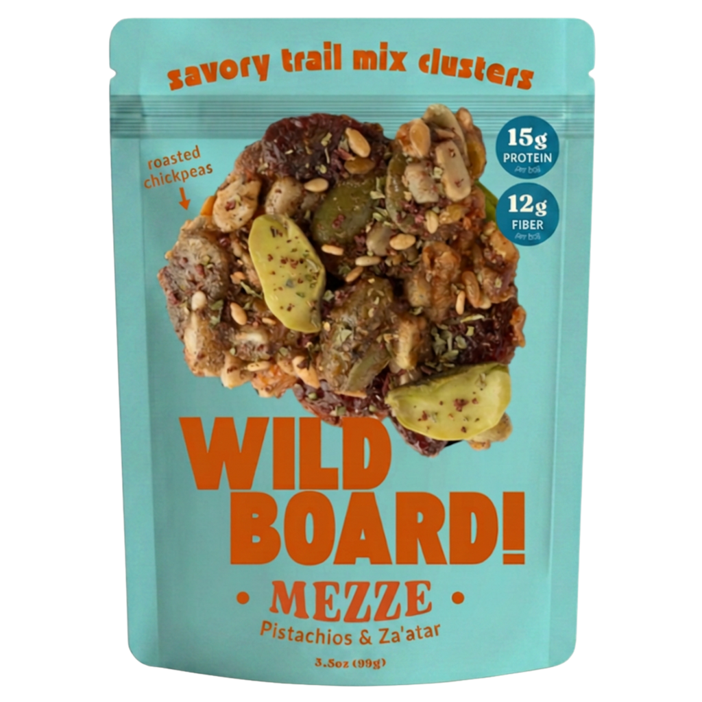WildBoard Mezze savory trail mix clusters in a 3.5 ounce stand up pouch, made with pistachios and za'atar, vegan and gluten free