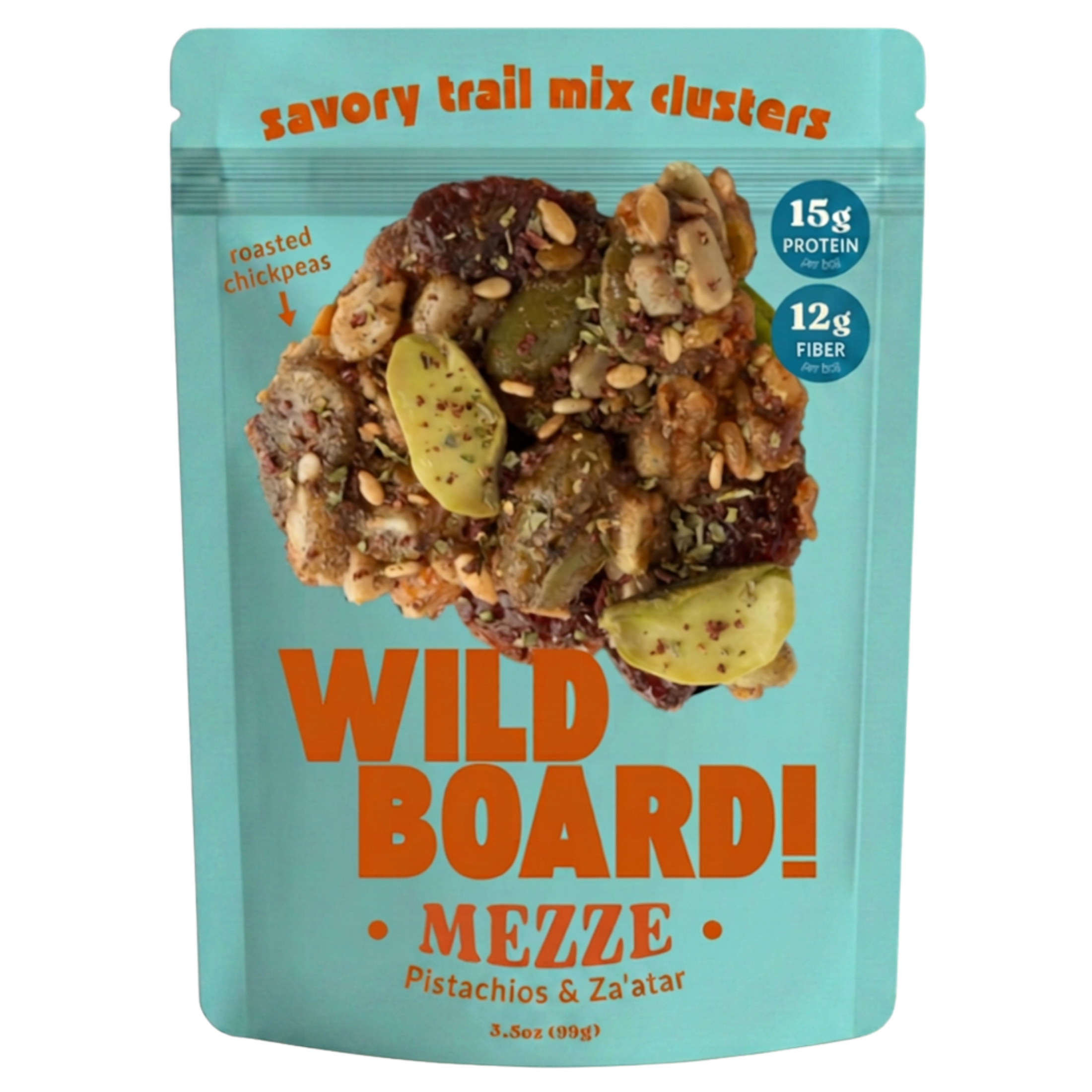 WildBoard Mezze savory trail mix clusters in a 3.5 ounce stand up pouch, made with pistachios and za'atar, vegan and gluten free
