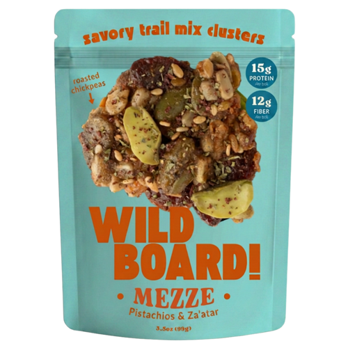 WildBoard Mezze savory trail mix clusters in a 3.5 ounce stand up pouch, made with pistachios and za'atar, vegan and gluten free