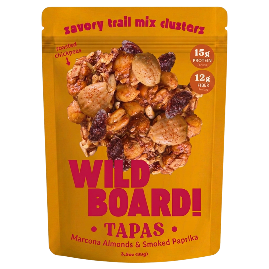 WildBoard Tapas savory trail mix clusters in a 3.5 ounce stand up pouch, made with Marcona almonds and smoked paprika, vegan and gluten free