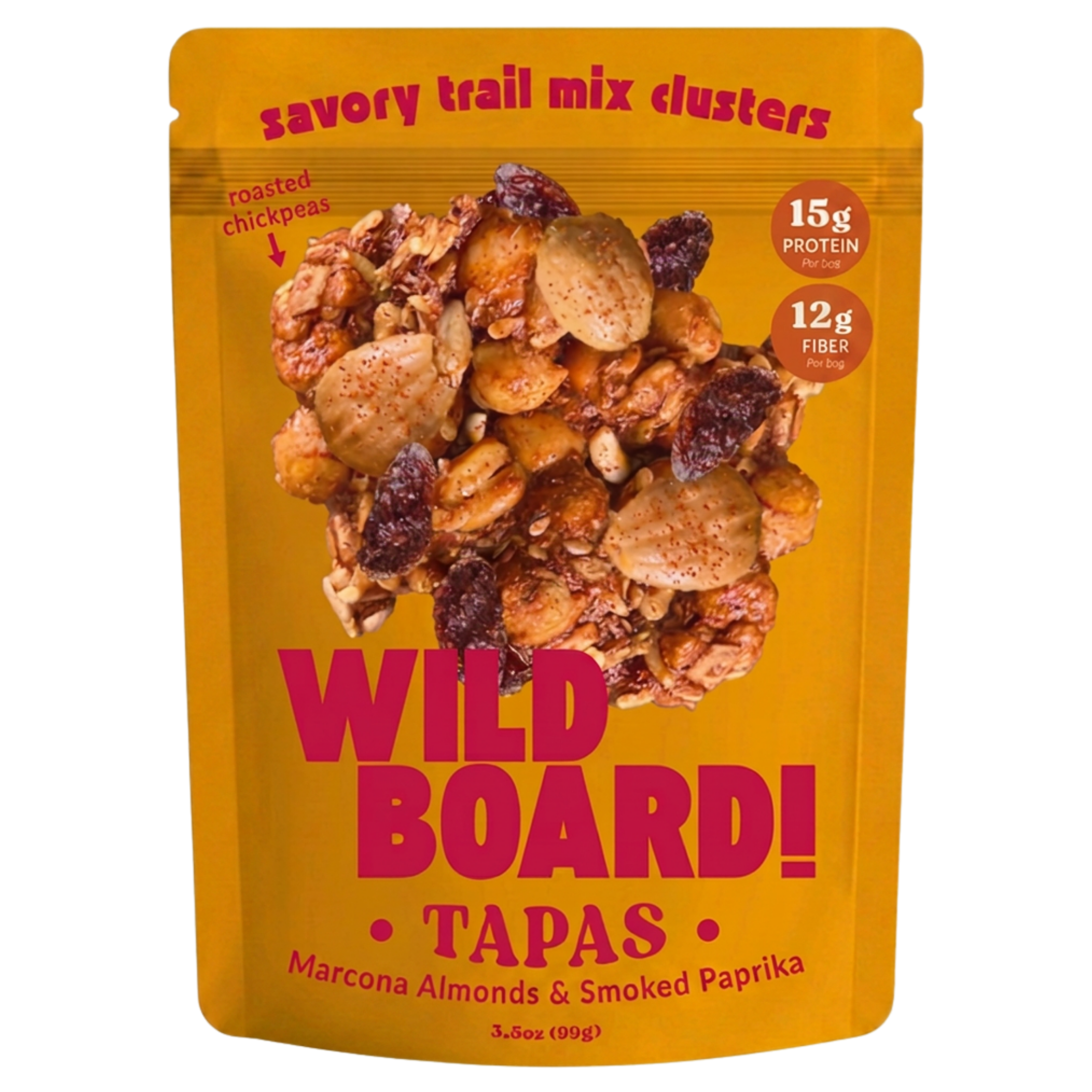 WildBoard Tapas savory trail mix clusters in a 3.5 ounce stand up pouch, made with Marcona almonds and smoked paprika, vegan and gluten free