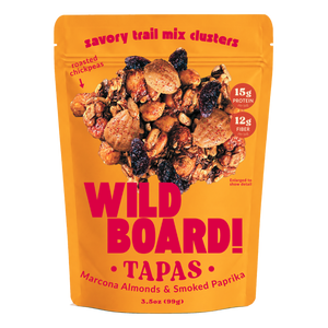 WildBoard Tapas savory trail mix clusters, three pack of 3.5 ounce stand up pouches, made with Marcona almonds and smoked paprika, vegan and made with gluten free ingredients
