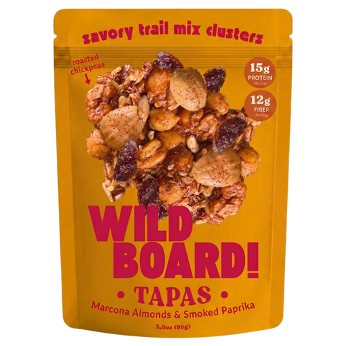 WildBoard Tapas savory trail mix clusters in a 3.5 ounce stand up pouch, made with Marcona almonds and smoked paprika, vegan and gluten free