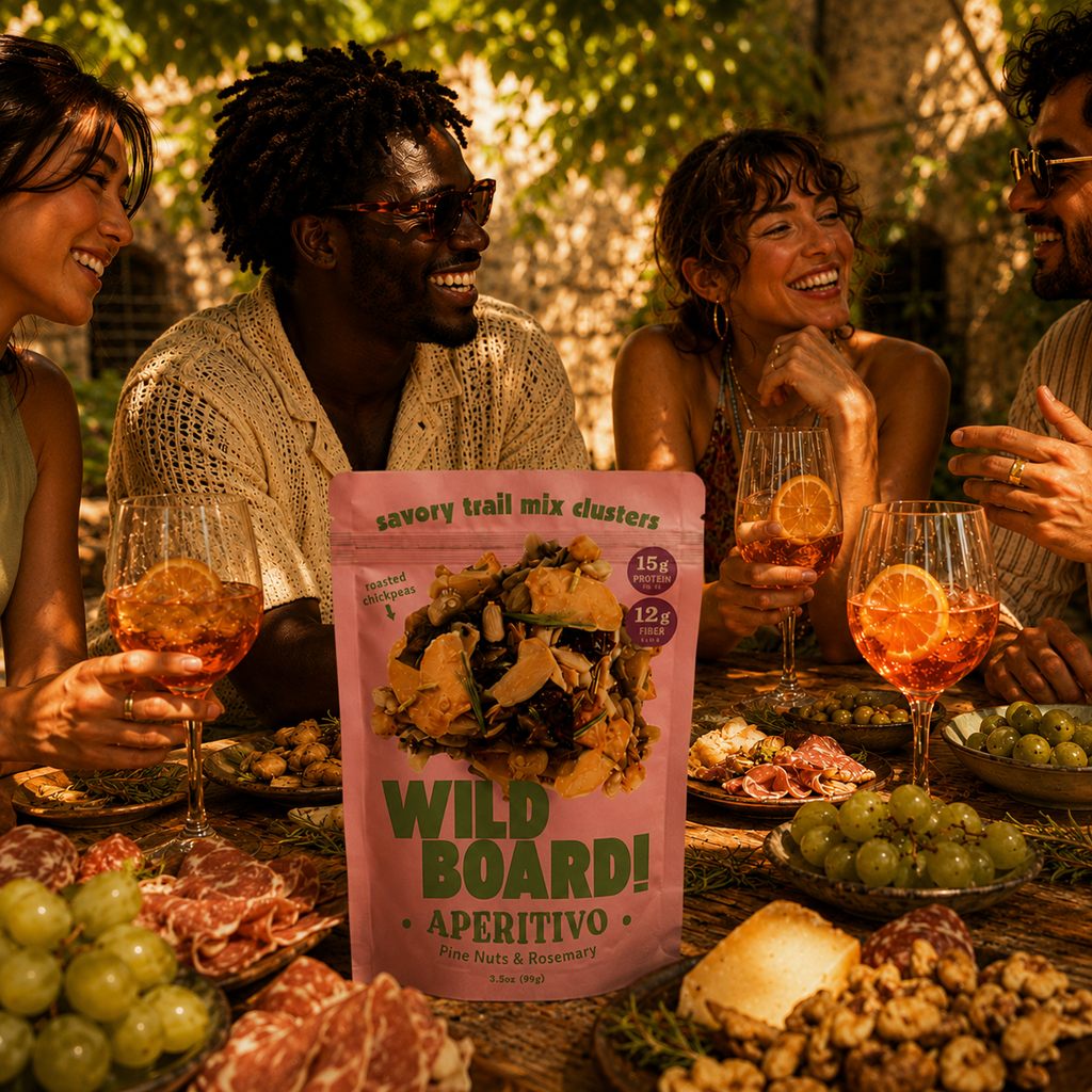 WildBoard Aperitivo savory trail mix clusters styled as a pairing for an everyday aperitivo moment