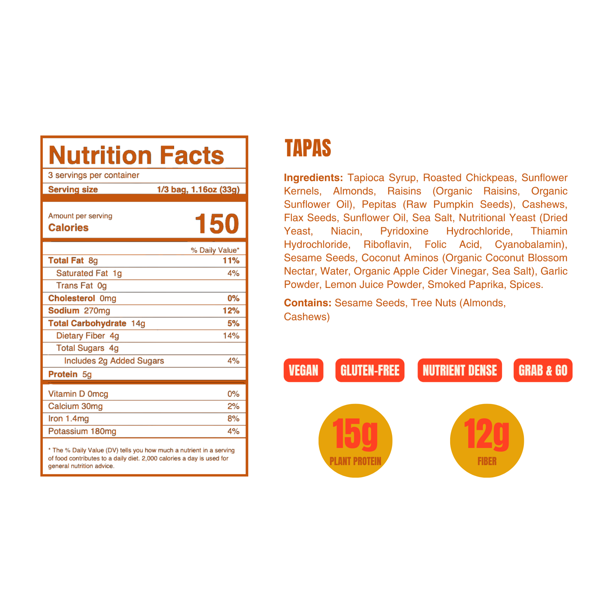Nutrition Facts panel for WildBoard Tapas savory trail mix clusters, 15 grams protein and 12 grams fiber per 3.5 ounce bag