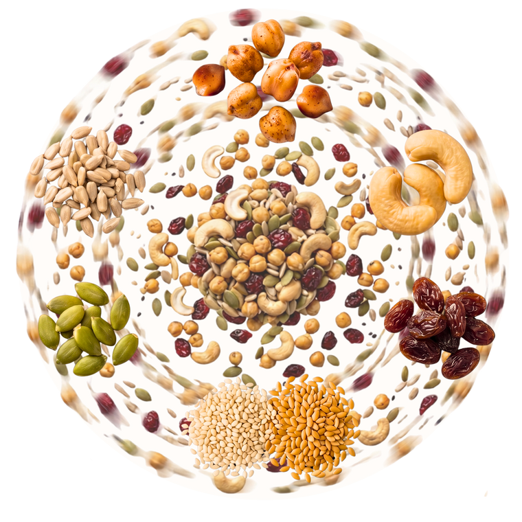 The raw nuts, seeds, and chickpeas that go into a WildBoard cluster