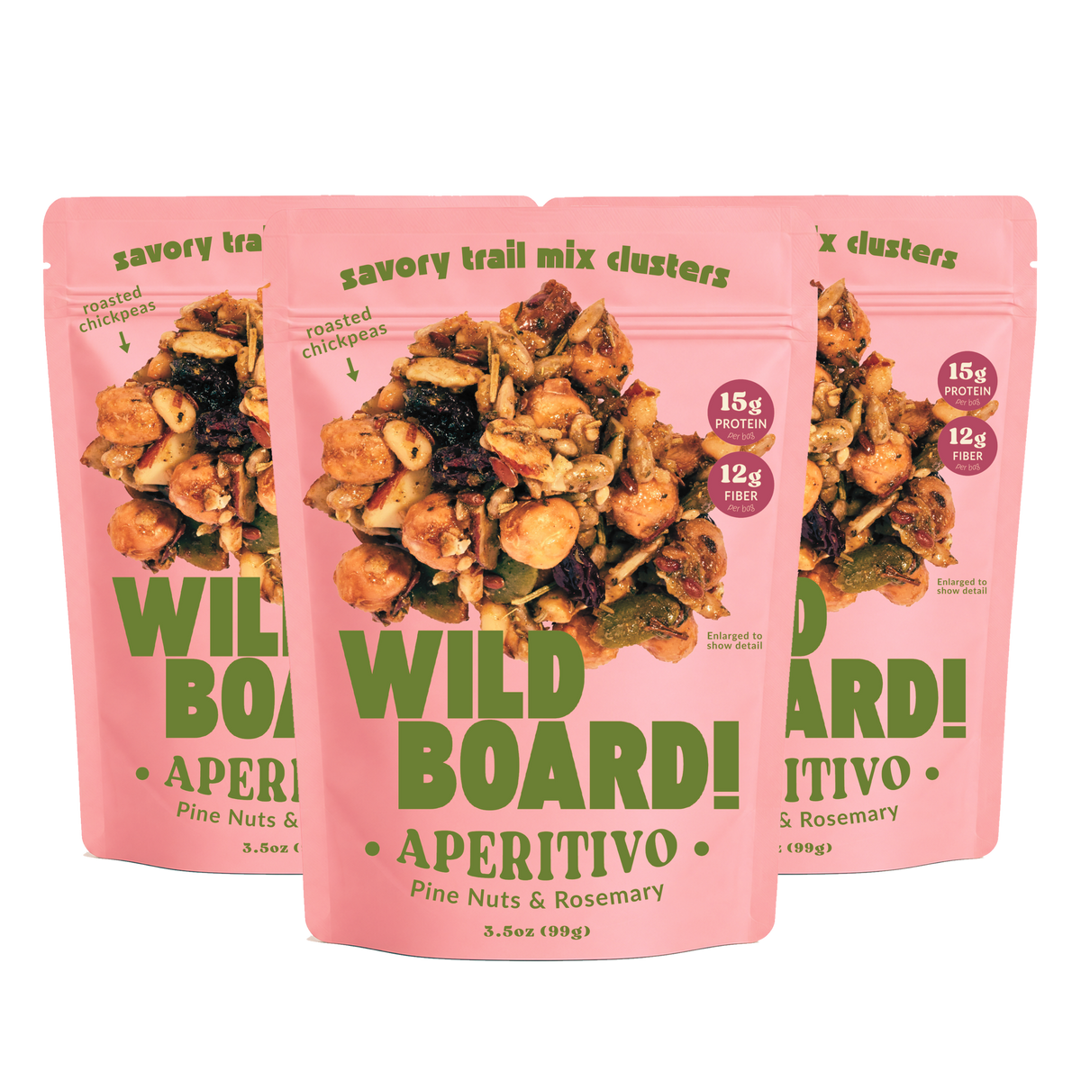 Three WildBoard Aperitivo pouches of savory trail mix clusters side by side, a three pack of pine nuts and rosemary, vegan and made with gluten free ingredients