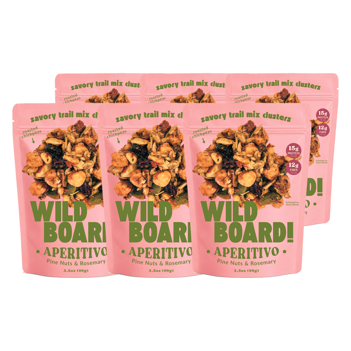 Six WildBoard Aperitivo pouches of savory trail mix clusters, a six pack of pine nuts and rosemary, vegan and made with gluten free ingredients