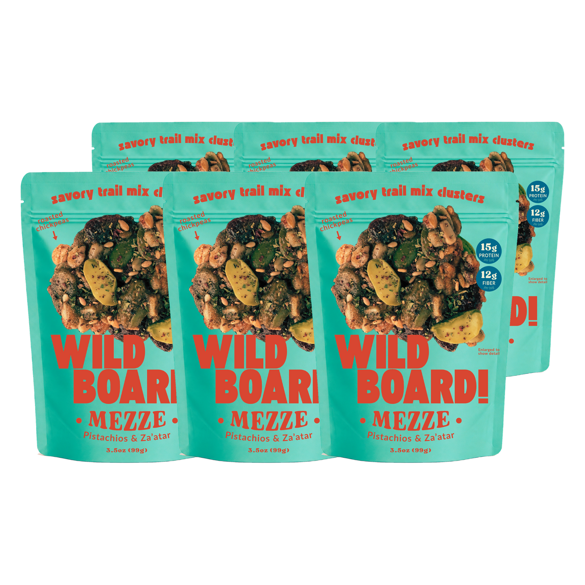 Six WildBoard Mezze pouches of savory trail mix clusters, a six pack of pistachios and za'atar, vegan and made with gluten free ingredients